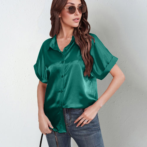 Damen Stilvolle Satinbluse mit kurzen Ärmeln und kravattenähnlichem Kragen Drune