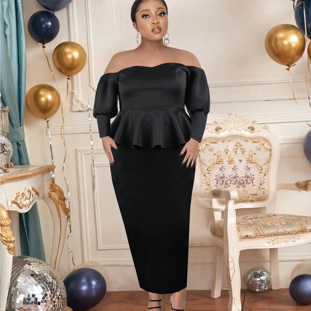 Damen Figurbetontes Peplum Kleid mit Off-Shoulder Ausschnitt Drune