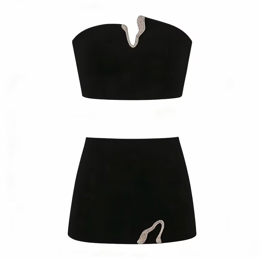 Damen Crop-Top und Mini-Rock Set mit dekorativem Detail Drune