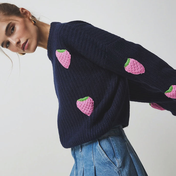 Damen Strickpullover mit einzigartigem Erdbeerdesign und komfortablem Schnitt Drune
