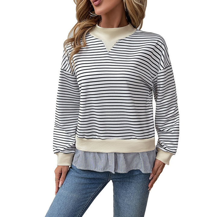 Damen modisches Sweatshirt mit asymmetrischem Streifenmuster und Rüschenabschluss Drune
