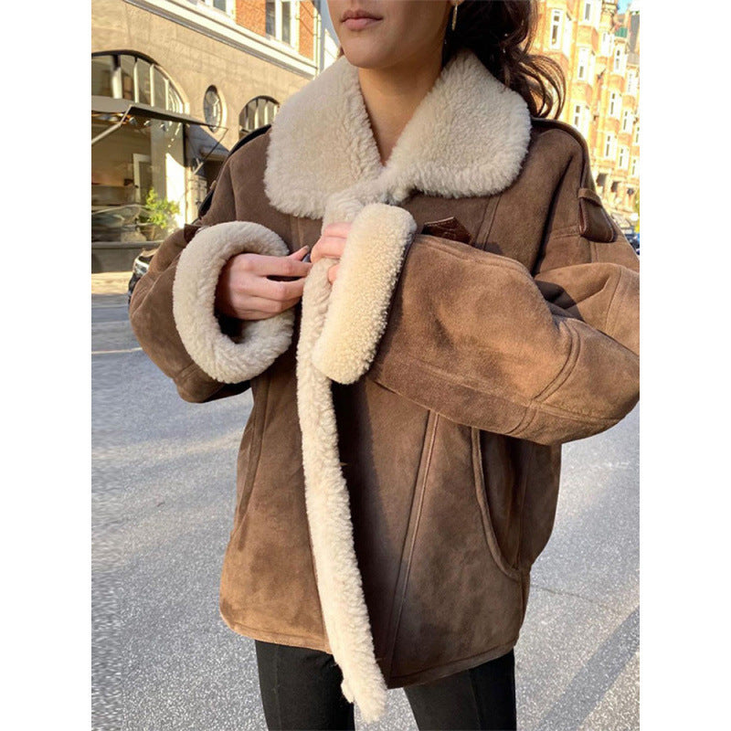 Damen Lässig gefütterte Wildlederjacke mit oversize Schnitt Drune