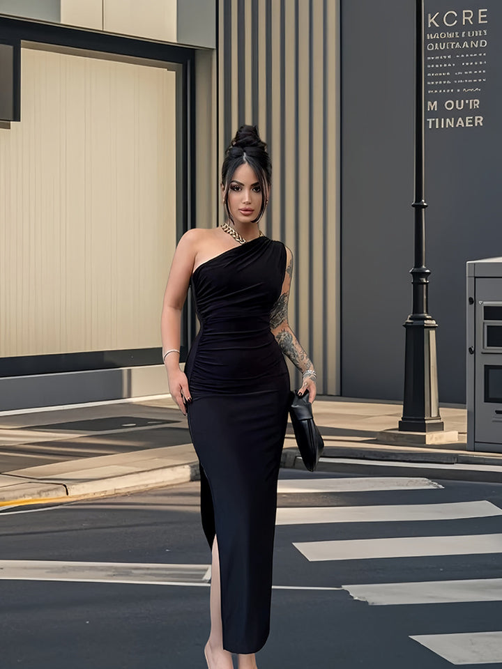 Damen Elegantes One-Shoulder-Maxikleid mit figurbetontem Schnitt und seitlichem Schlitz Drune