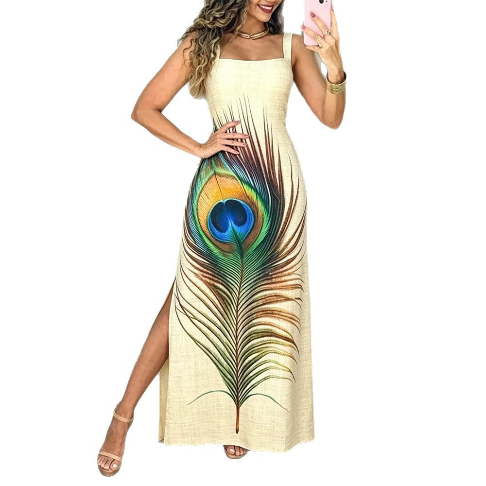 Damen Maxikleid mit grafischem Pfauenfeder-Druck und praktischen Seitentaschen Drune