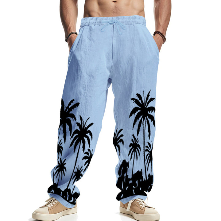 Herren nan weite Freizeit-Hose aus Baumwoll-Leinen-Mix mit Palmenprint, Elastikbund und Kordelzug Drune