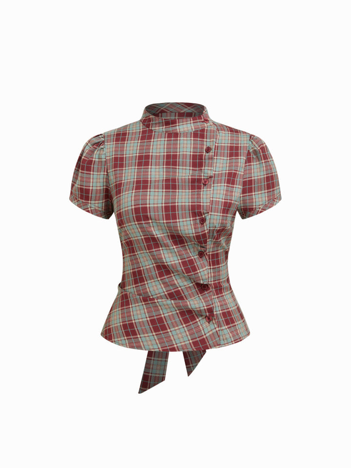 Damen Karierte Bluse mit hoher Taille und Puffärmeln Drune