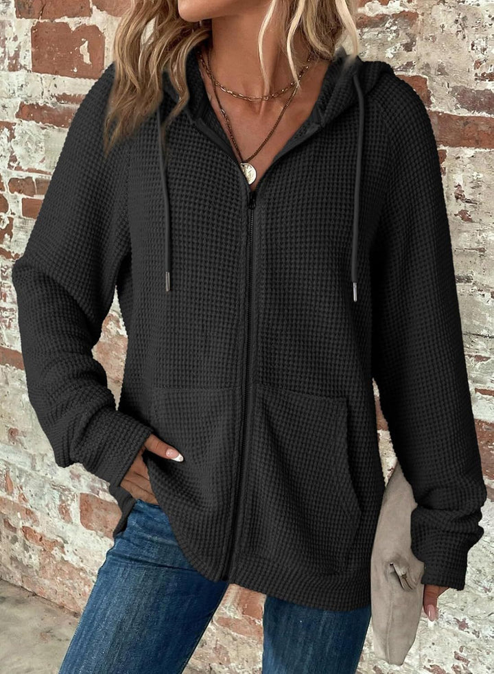 Damen Waffel-Pulloverjacke mit Kapuze und Taschen Drune