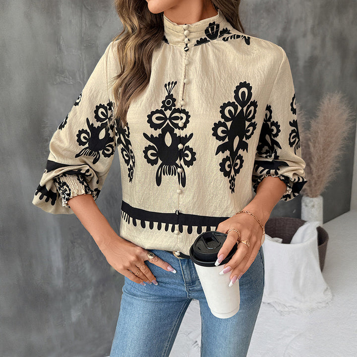Damen Bluse mit botanischem Druck und Puffärmeln Drune