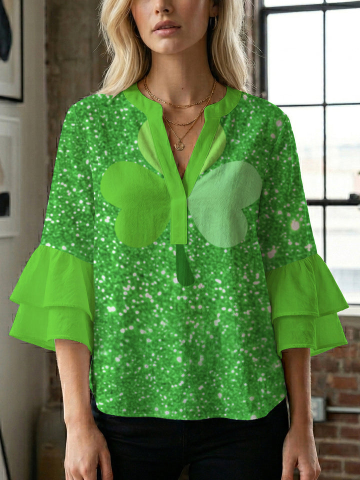 Damen lässige Bluse mit Volantärmeln und botanischem Druck Drune