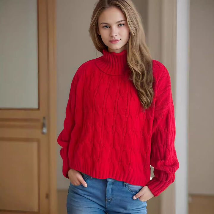 Damen Grobstrickpullover mit hohem Kragen und innovativem Zopfmuster Drune