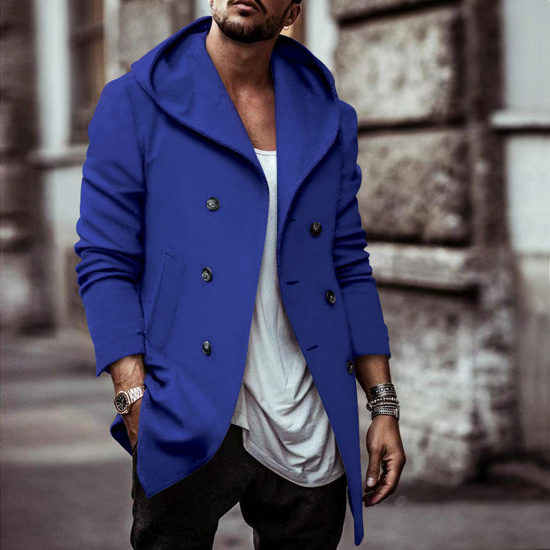 Herren stylischer Hoodie-Mantel mit doppelter Knopfreihe und weitem Kragen Drune