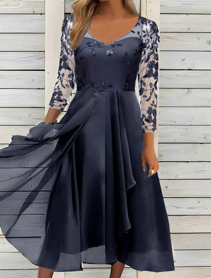 Damen nan V-Ausschnitt Chiffon-Midikleid mit besticktem Bustier, transparenten dreiviertel-Ärmeln und asymmetrischem Lagenrock Drune