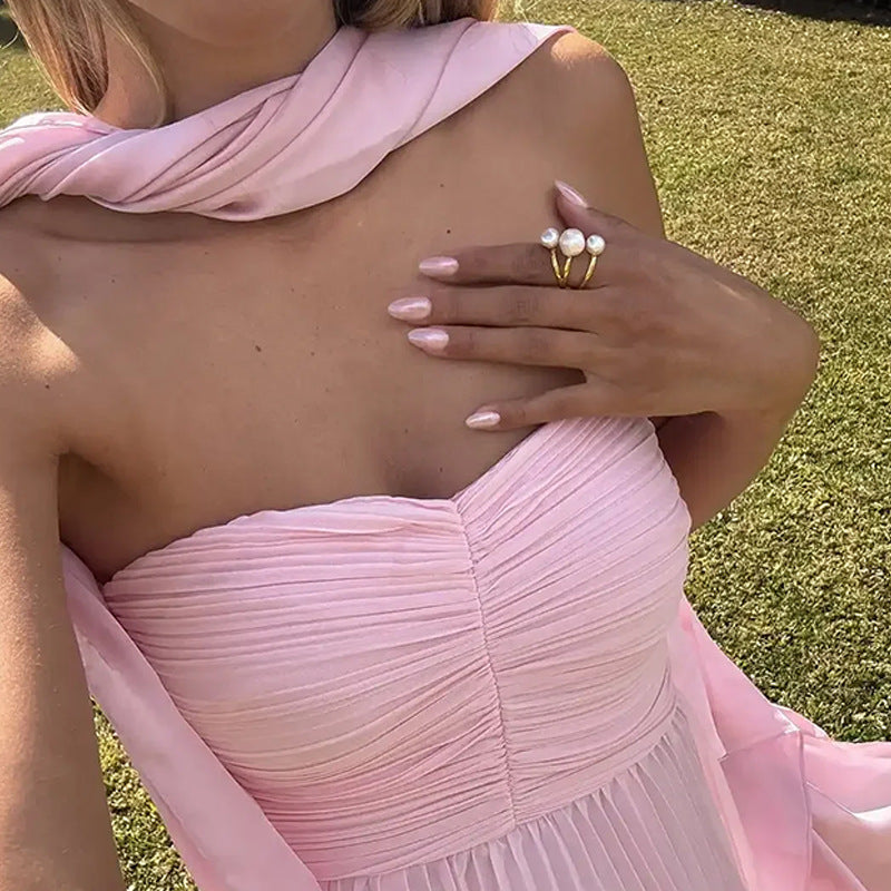 Damen Bodenlanges Rüschen-Maxikleid mit schulterfreiem Schnitt und fließendem Material Drune