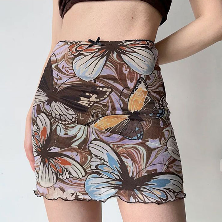 Damen Minirock mit floralem Schmetterlingsmuster und elastischem Bund Drune