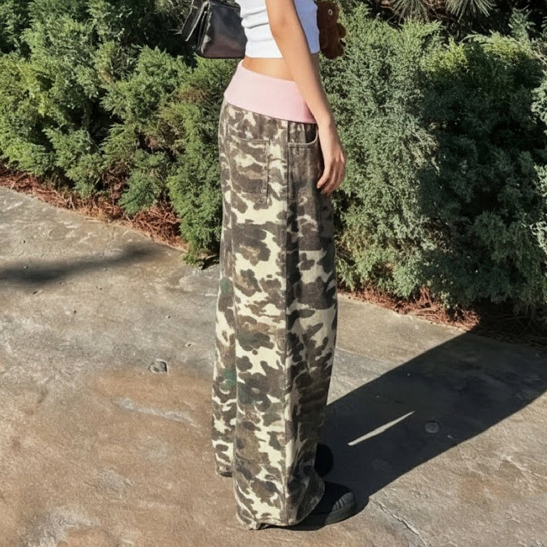 Damen bequeme Cargohose mit elastischem Bund und Camouflage-Muster Drune
