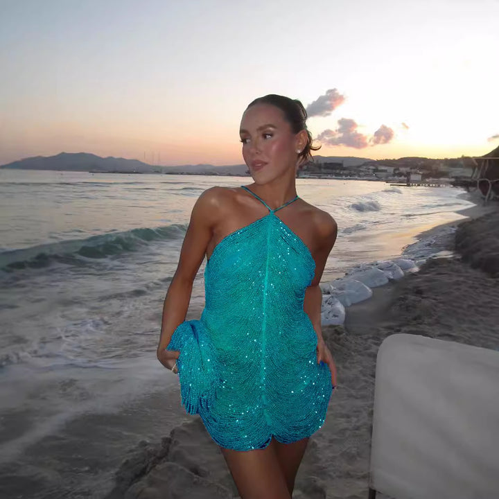 Damen Glitzerndes Minikleid mit raffinierten Perlenakzenten Drune