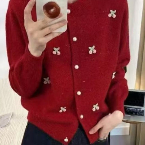 Damen modische Strickjacke mit Bärenapplikationen und Knopfdetails Drune