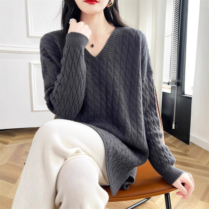 Damen V-Ausschnitt Pullover mit charakteristischem Zopfmuster und lässigem Schnitt Drune