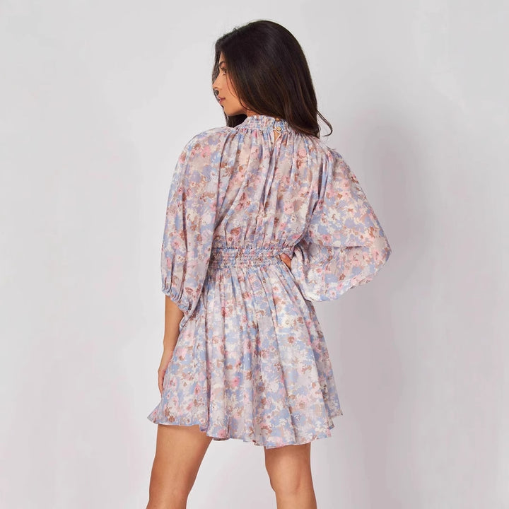 Damen leichtes Freizeitkleid mit voluminösen Ärmeln und V-Ausschnitt Drune