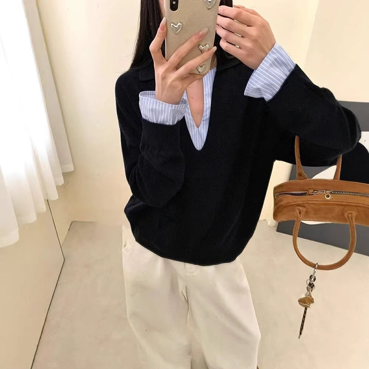 Damen Eleganter Pullover mit eingesetztem Hemdkragen Drune