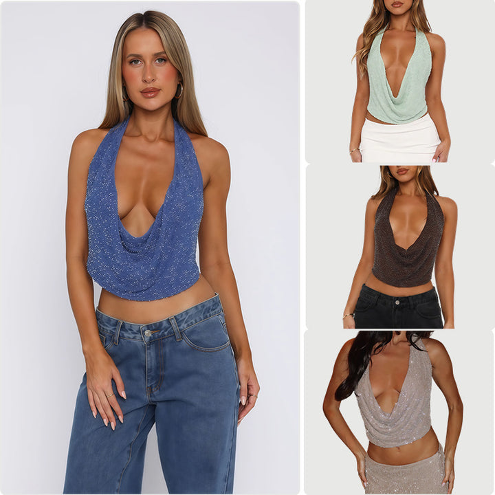 Damen Cowl-Neck Top mit funkelnder Gestaltung und tiefem Ausschnitt Drune