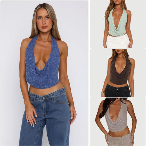 Damen Cowl-Neck Top mit funkelnder Gestaltung und tiefem Ausschnitt Drune