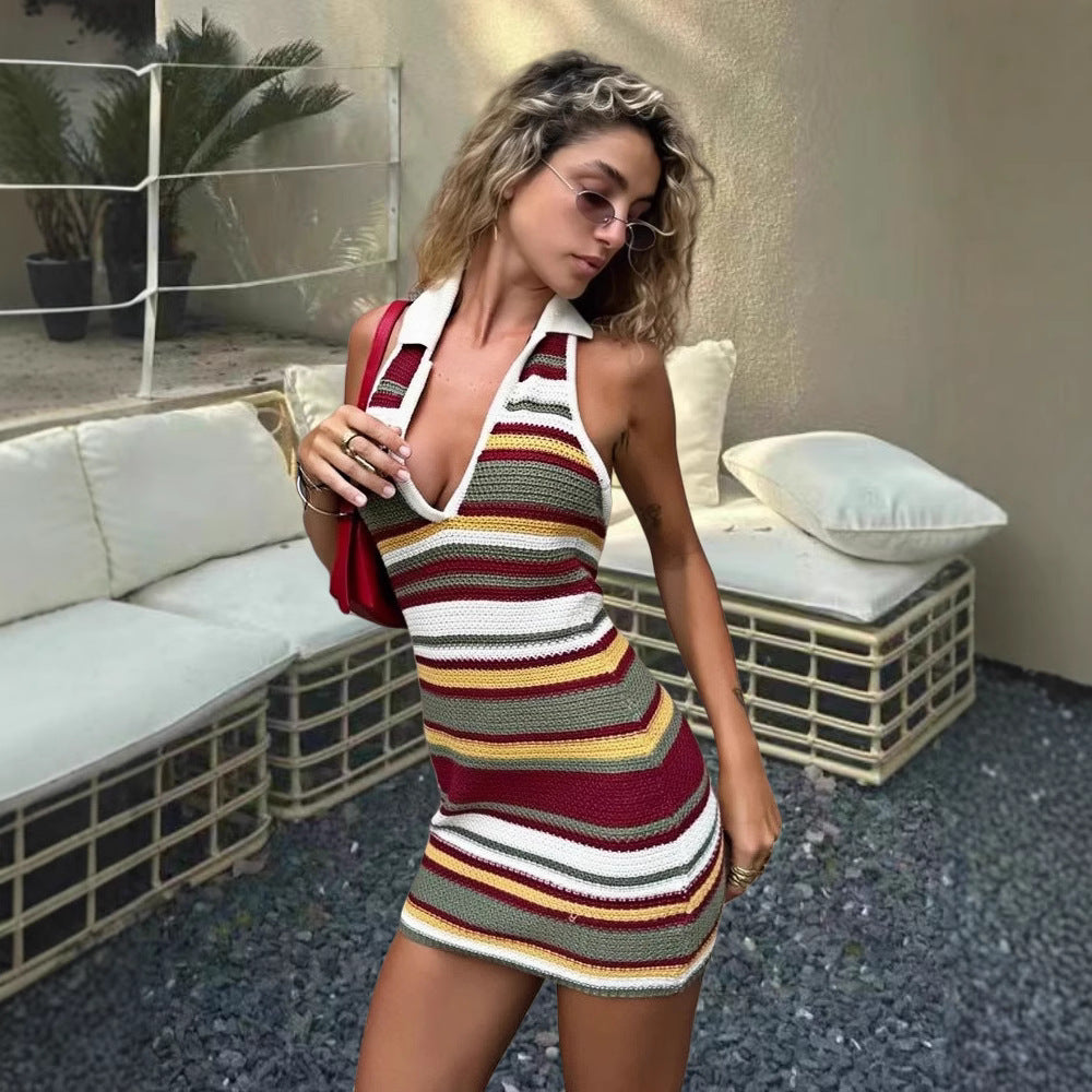 Damen Knielanges Strickkleid mit raffinierten Farben und V-Ausschnitt Drune