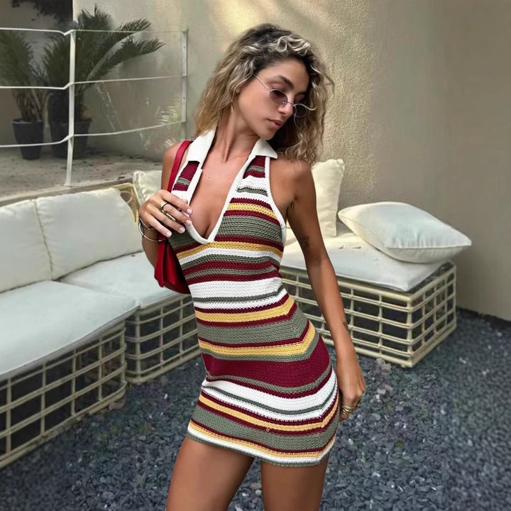 Damen Knielanges Strickkleid mit raffinierten Farben und V-Ausschnitt Drune