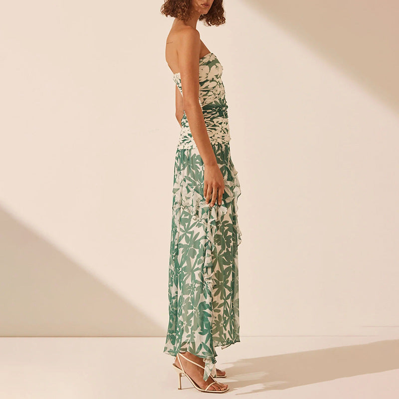 Damen schulterfreies Maxikleid mit Rüschendetails und floralem Muster Drune