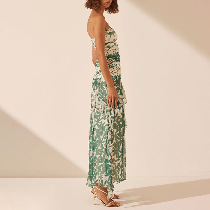 Damen schulterfreies Maxikleid mit Rüschendetails und floralem Muster Drune