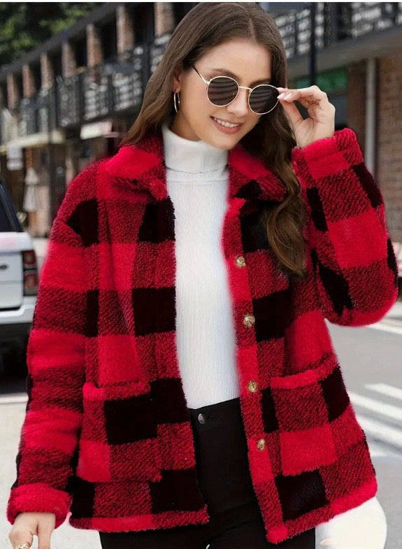 Damen nan gefütterte Karo Teddy-Fleece Shacket mit Knopfleiste und aufgesetzten Taschen Drune