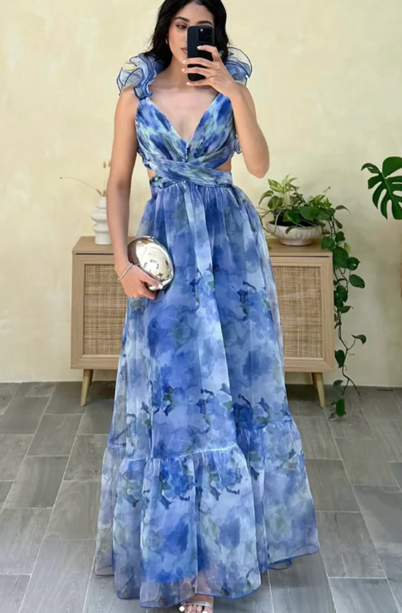 Damen Maxikleid im romantischen Vintage-Stil mit fließendem Rock und Rüschendetails Drune