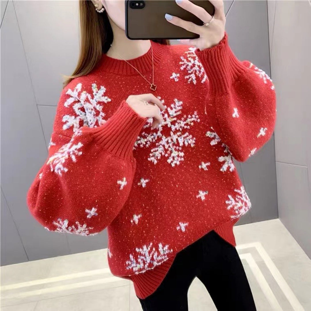 Damen Strickpullover mit Wintermotiv und Puffärmeln Drune