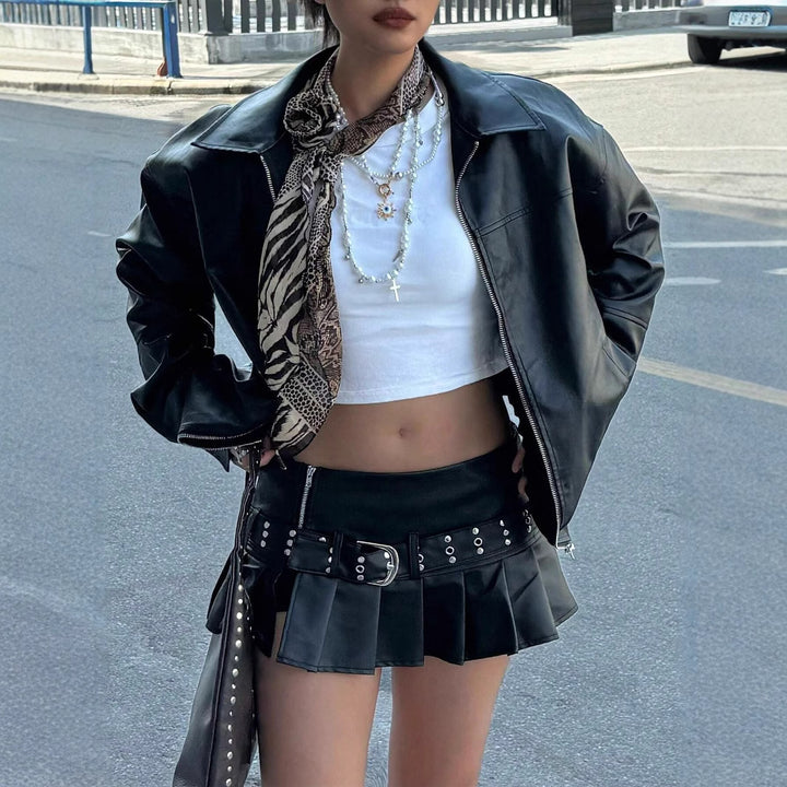 Damen Modische Lederjacke im trendigen Oversized-Stil Drune