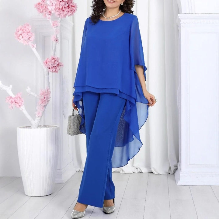 Damen Schicke Tunika mit Transparenter Überlagerung und Eleganten Pants Drune