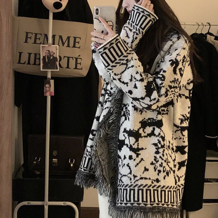 Damen Fransen-Strickjacke mit grafischem Muster und offenen Vorderteilen Drune