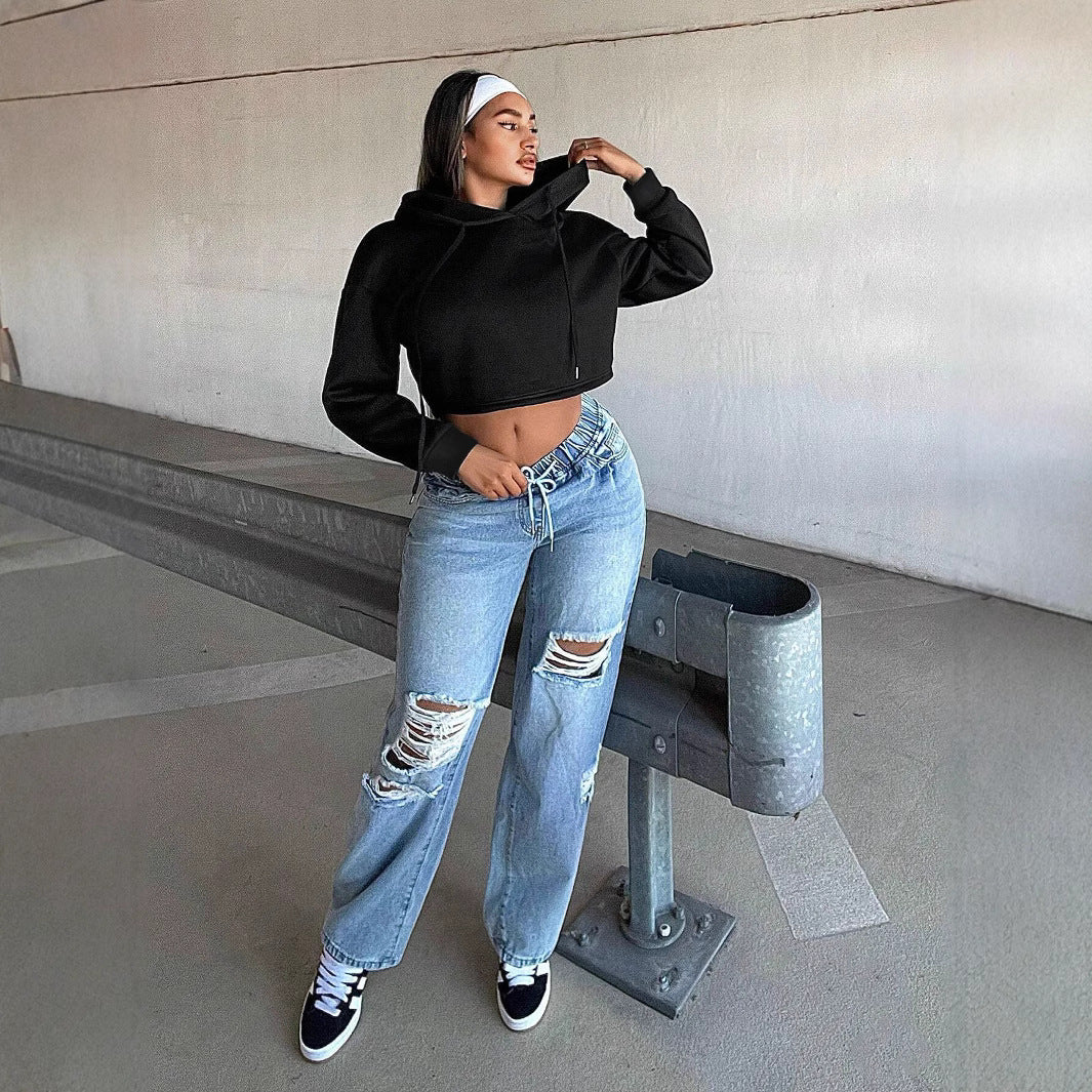 Damen cropped Sweatshirt mit lockerer Passform und Kapuze Drune