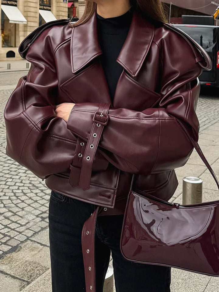 Damen Oversize Kunstlederjacke mit markantem Kragen und strukturiertem Design Drune