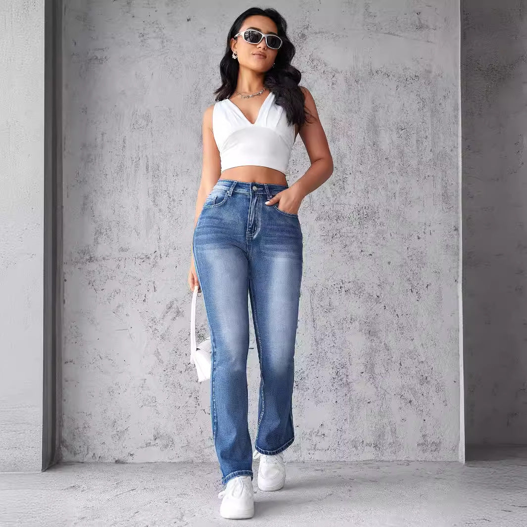 Damen High-Waist Stretch-Jeans mit geschnittenem Saum Drune