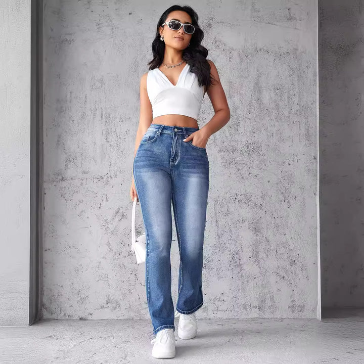 Damen High-Waist Stretch-Jeans mit geschnittenem Saum Drune