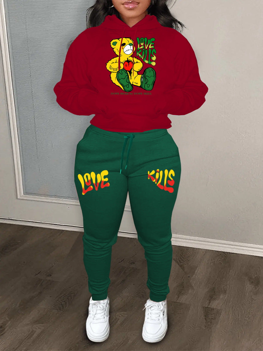 Damen Hoodie und Jogginghose Set mit kreativem Bärenmotiv und auffälligem Schriftzug Drune