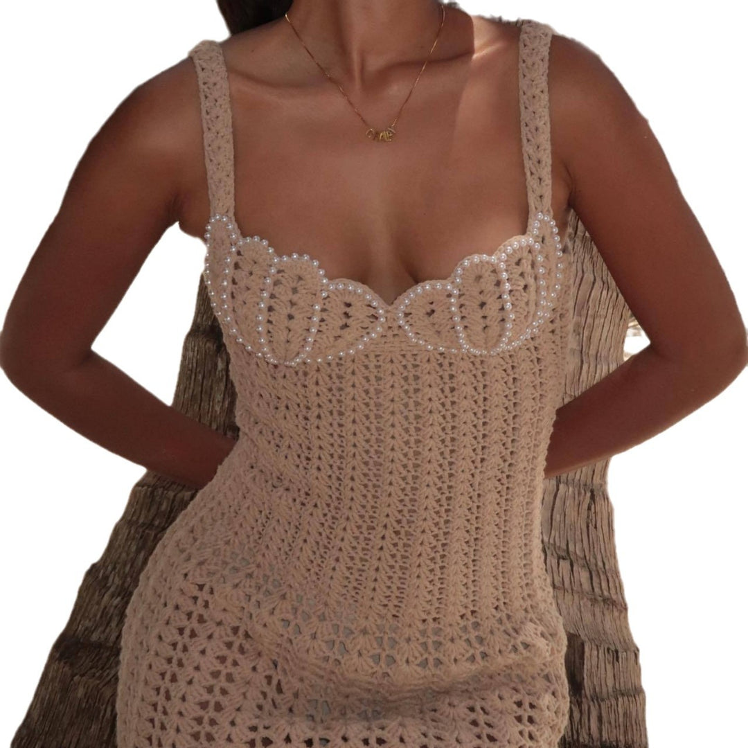 Damen Häkelkleid mit dekorativen Perlen Drune