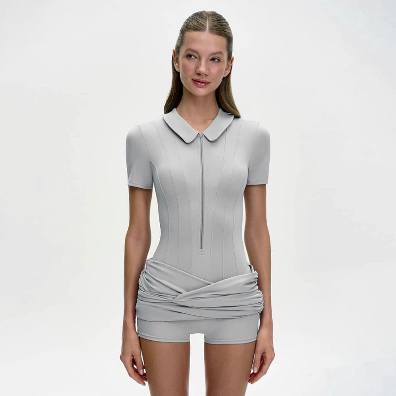 Damen Figurbetontes Minikleid mit Kragen und Reißverschluss Drune