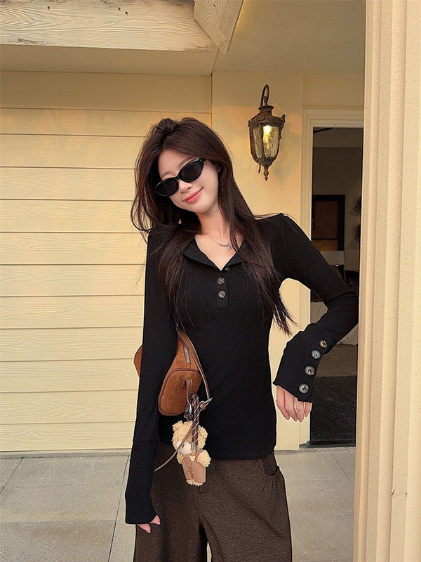 Damen Langarmshirt mit modischen Knopfdetails Drune
