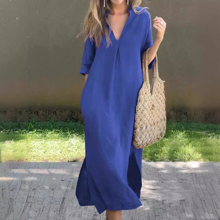 Damen Leichtes Maxikleid mit V-Ausschnitt und kurzen Ärmeln Drune