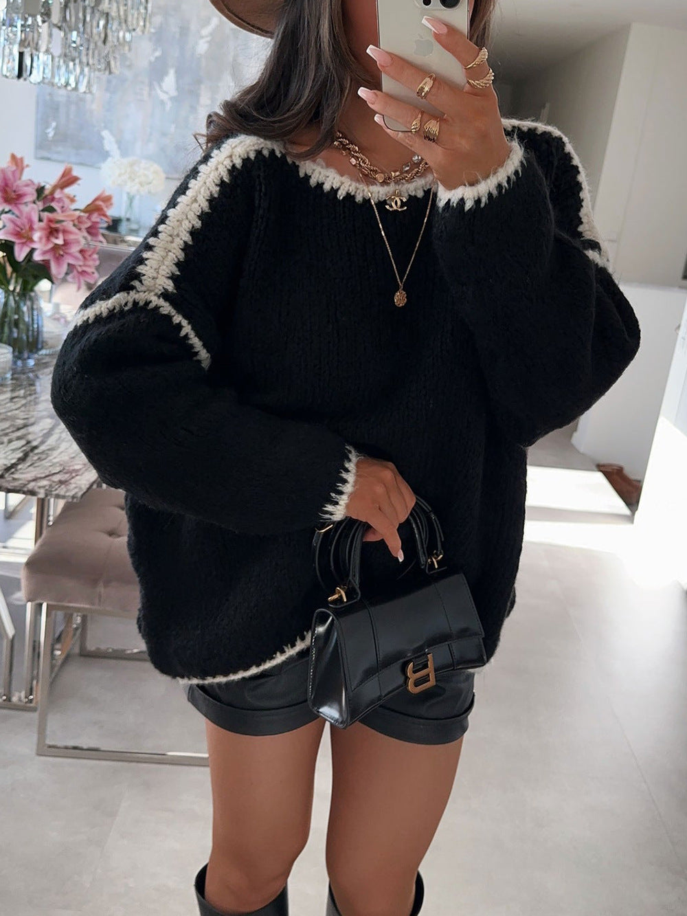 Damen lässiger Oversized Strickpullover mit kontrastierenden Akzenten Drune