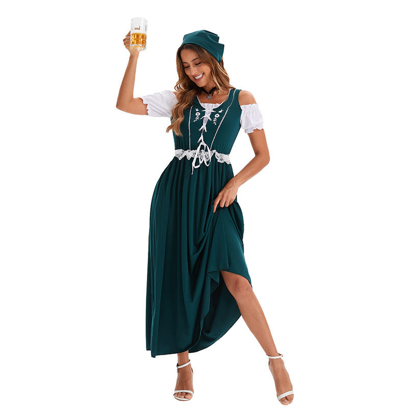 Damen nan langes Trachtenkleid im Dirndlstil mit Corsage-Schnürung und Spitzenbund Drune