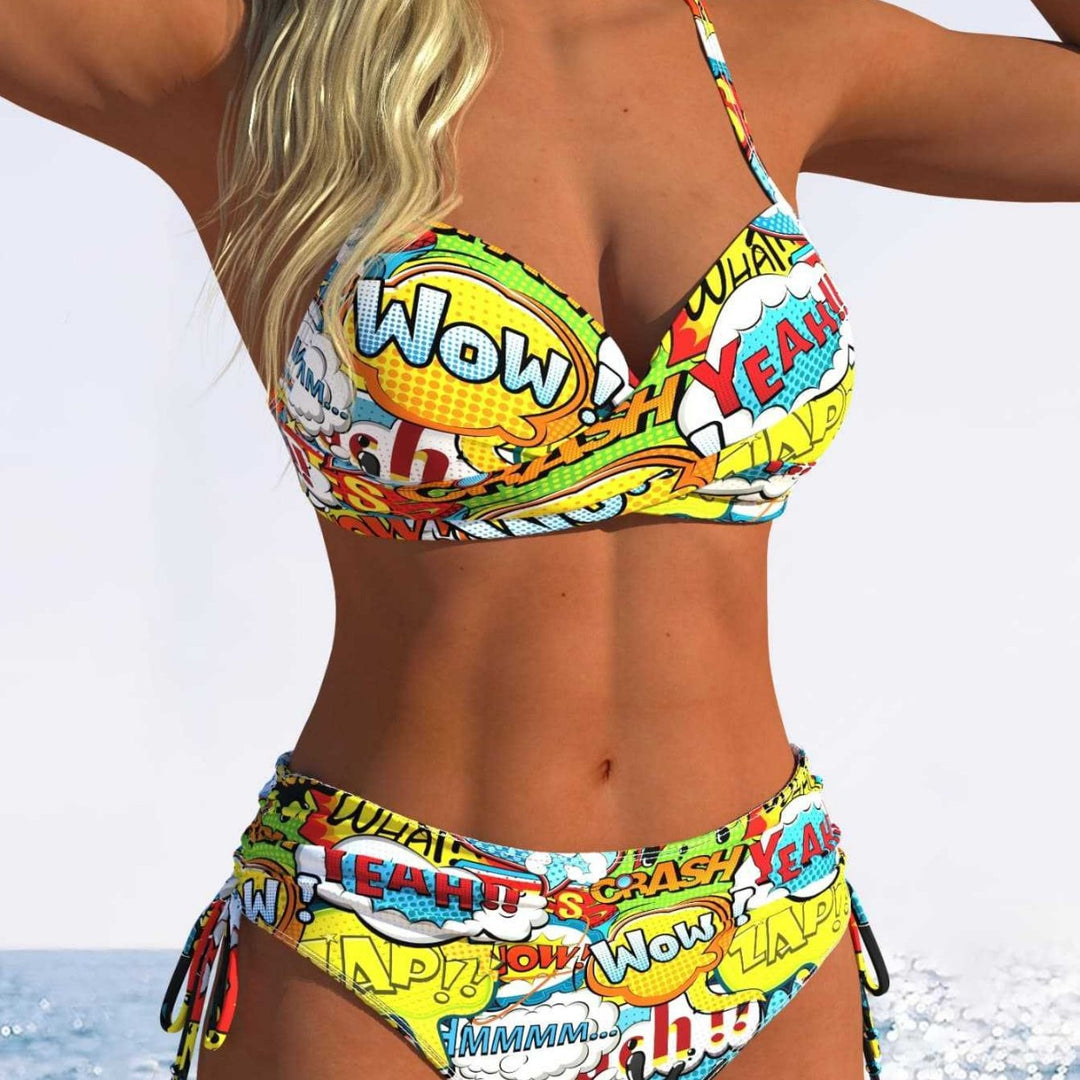 Damen Bikini-Set mit verspieltem Comic-Print und verstellbaren Seitenschnüren Drune