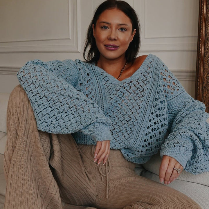 Damen luftiger Strickpullover mit V-Ausschnitt und oversized Ärmeln Drune