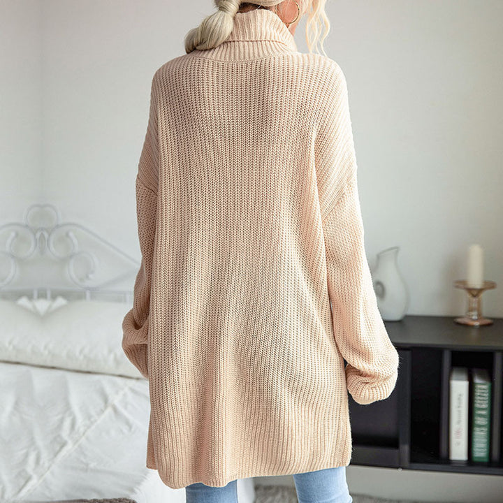 Damen Strickpullover mit hohem Kragen und dekorativem Taillengürtel Drune